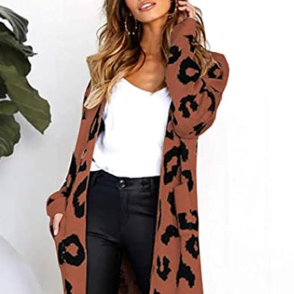 Leopard Print Sweater Cardigan Duster w/ Pockets - Picture 2 of 5